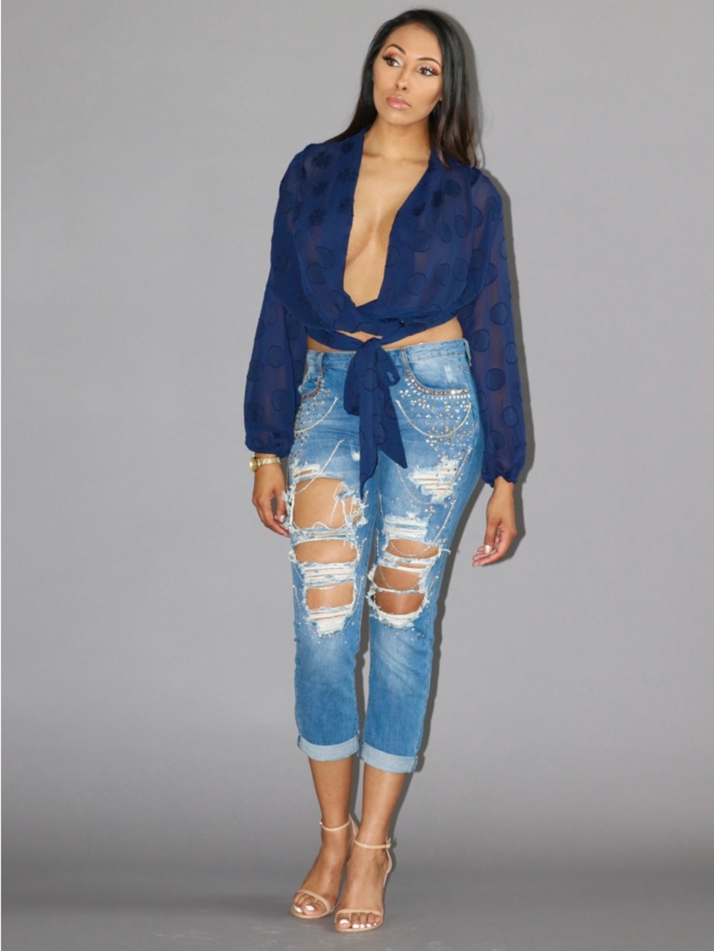 Sheer Navy Tie-Front Blouse - Picture 4 of 4